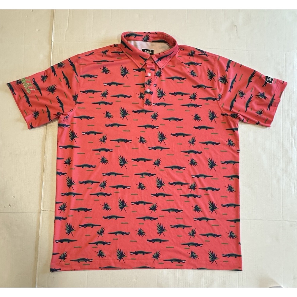 Waggle Golf Polo Shirt Alligator Palm Trees Pink Blue Men's 2XL Johnson Logo Arm